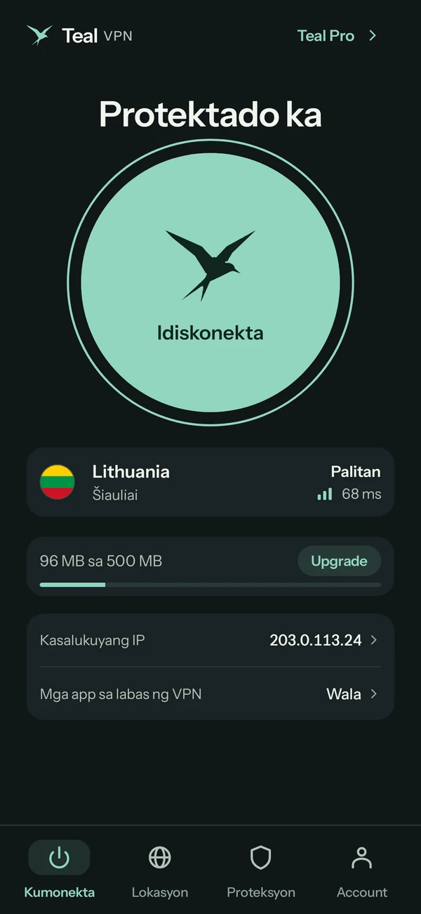 Teal VPN para sa Android sa Teal Free, nakakonekta sa Lithuania, 96 MB sa 500 MB ang nagamit ngayon