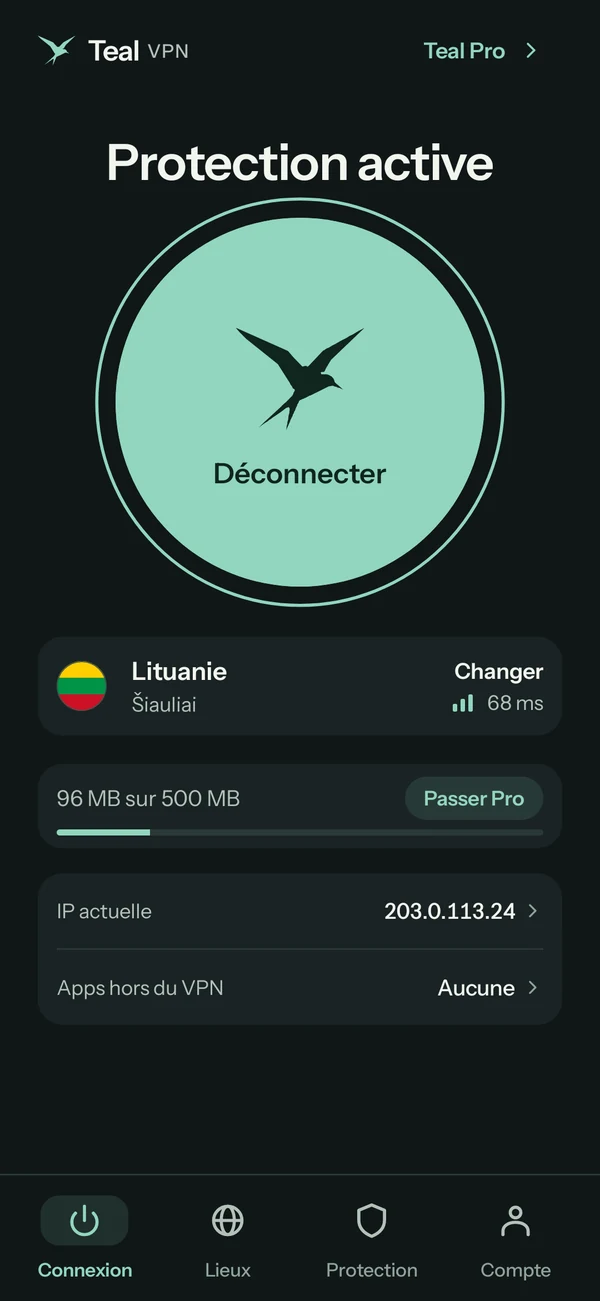 Teal VPN pour Android avec Teal Free, connecté à la Lituanie, 96 MB sur 500 MB utilisés aujourd’hui