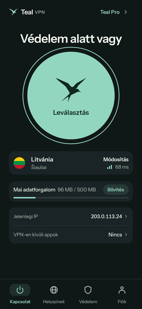 Teal VPN Androidra a Teal Free csomagban, Litvániához csatlakozva, ma 96 MB elhasználva az 500 MB-ból