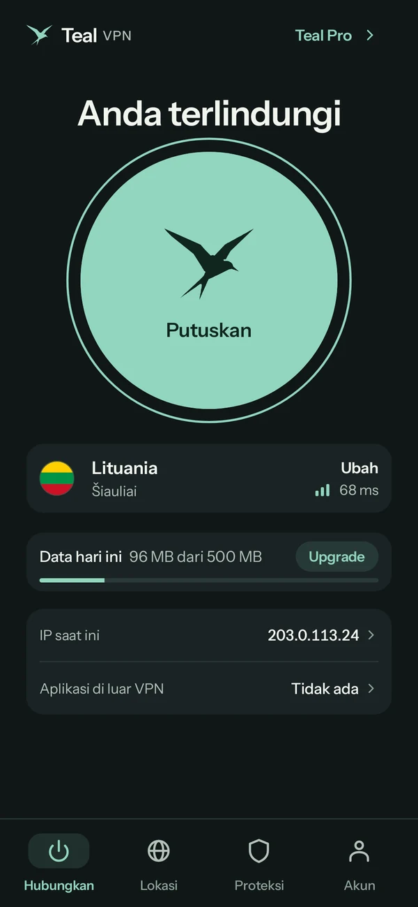 Teal VPN untuk Android di Teal Free, terhubung ke Lituania, 96 MB dari 500 MB terpakai hari ini