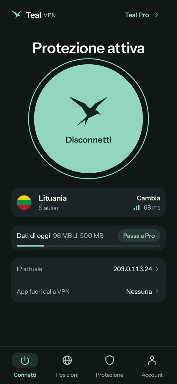Teal VPN per Android con Teal Free, connessa alla Lituania, 96 MB su 500 MB usati oggi