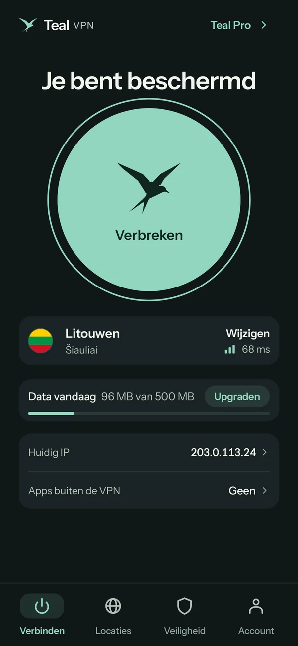 Teal VPN voor Android op Teal Free, verbonden met Litouwen, 96 MB van 500 MB vandaag gebruikt