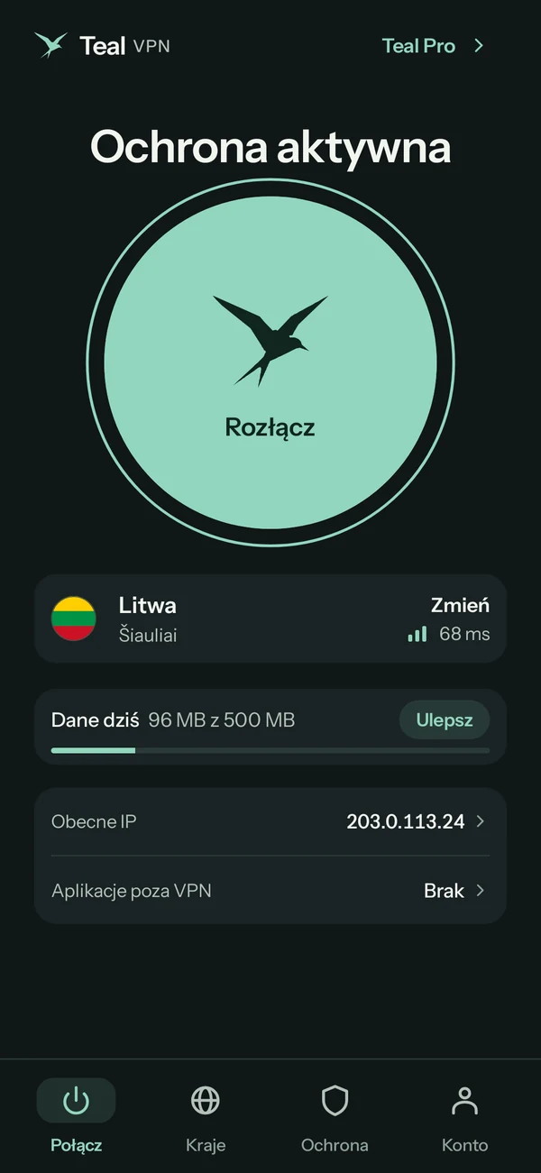 Teal VPN na Androida w Teal Free, połączony z Litwą, wykorzystano dziś 96 MB z 500 MB