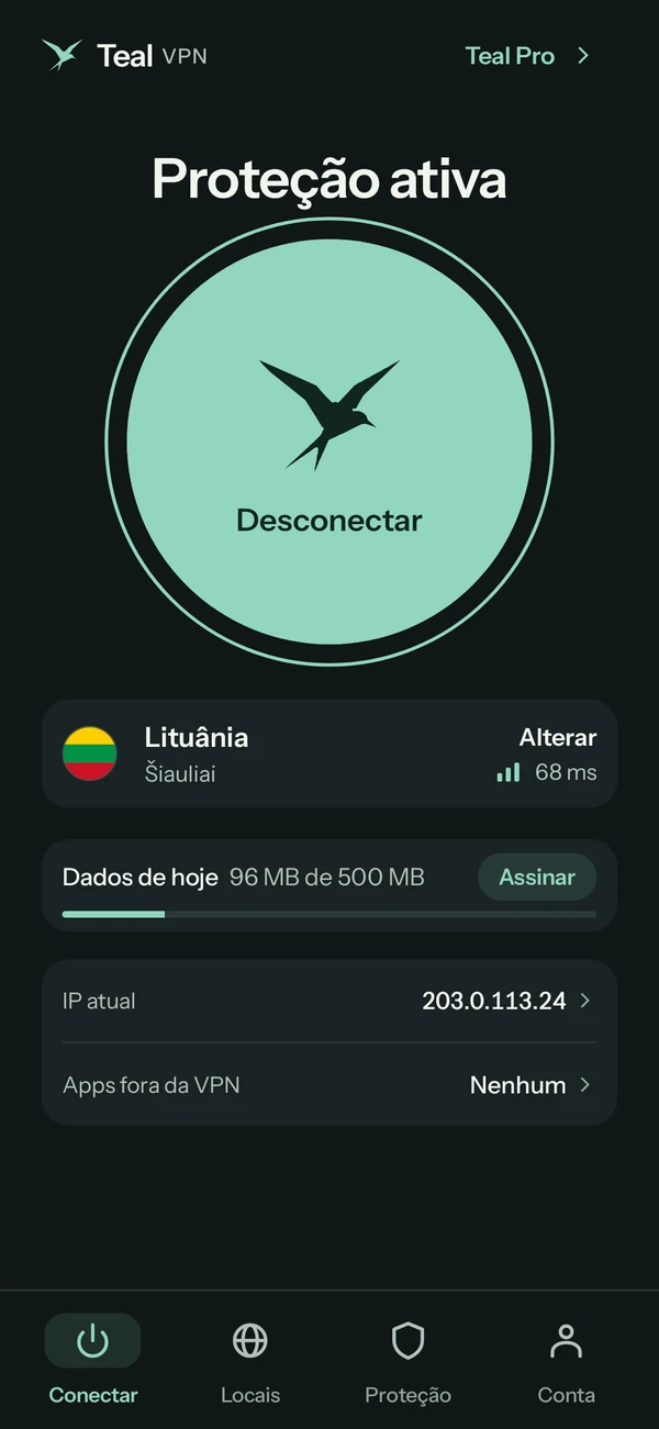Teal VPN para Android no Teal Free, conectado à Lituânia, 96 MB de 500 MB usados hoje