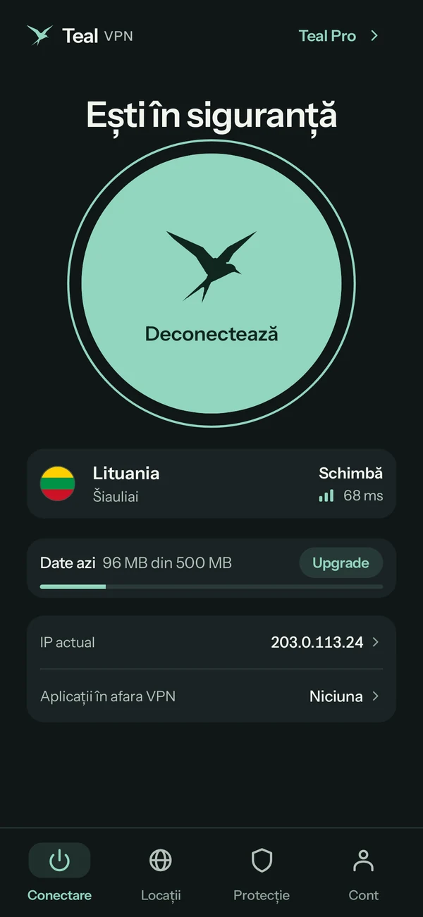 Teal VPN pentru Android cu Teal Free, conectat la Lituania, 96 MB din 500 MB folosiți azi