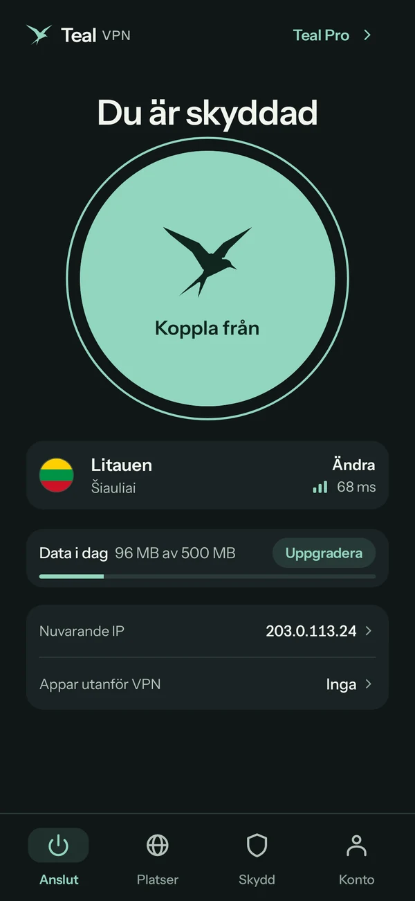 Teal VPN för Android på Teal Free, ansluten till Litauen, 96 MB av 500 MB använda i dag