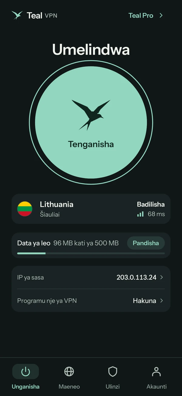 Teal VPN kwa Android kwenye Teal Free, imeunganishwa na Lithuania, 96 MB kati ya 500 MB zimetumika leo