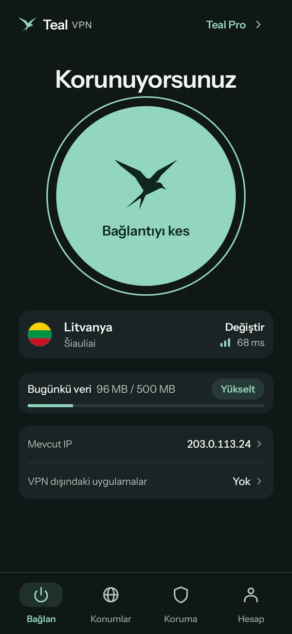 Teal Free’de Android için Teal VPN, Litvanya’ya bağlı; bugün 500 MB’ın 96 MB’ı kullanıldı