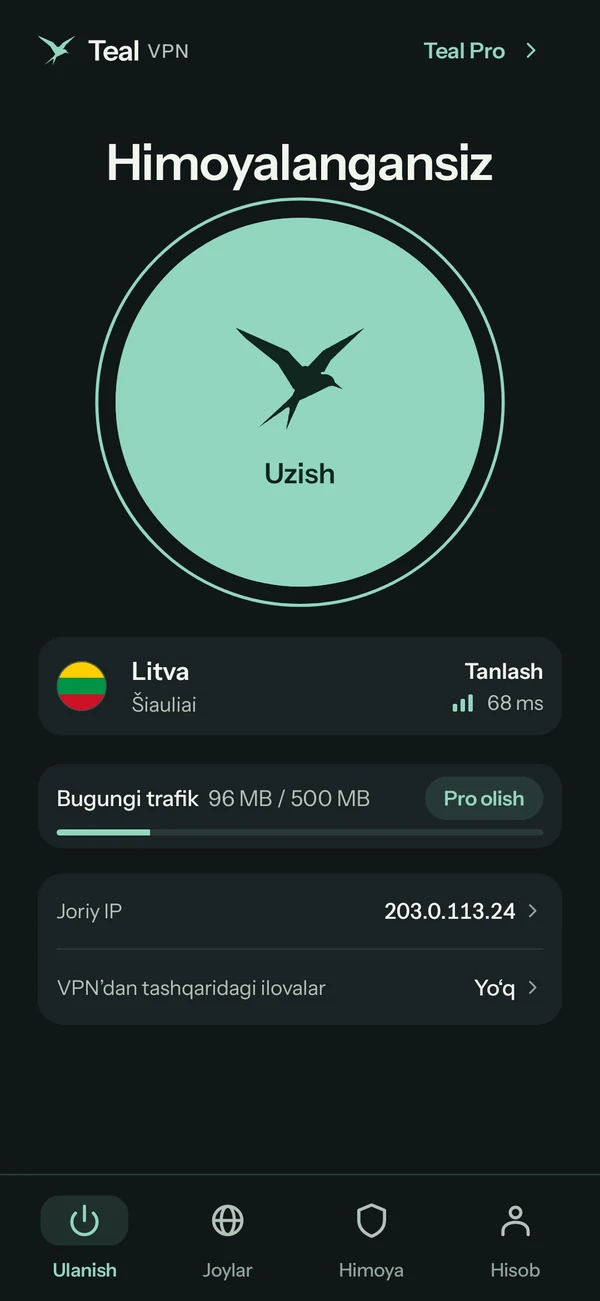 Teal Free’dagi Android uchun Teal VPN, Litvaga ulangan, bugun 500 MB dan 96 MB ishlatilgan