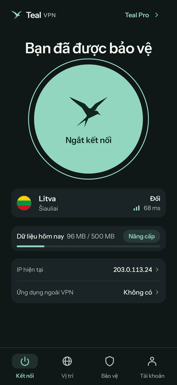 Teal VPN cho Android trên Teal Free, đã kết nối tới Lithuania, hôm nay đã dùng 96 MB trong 500 MB