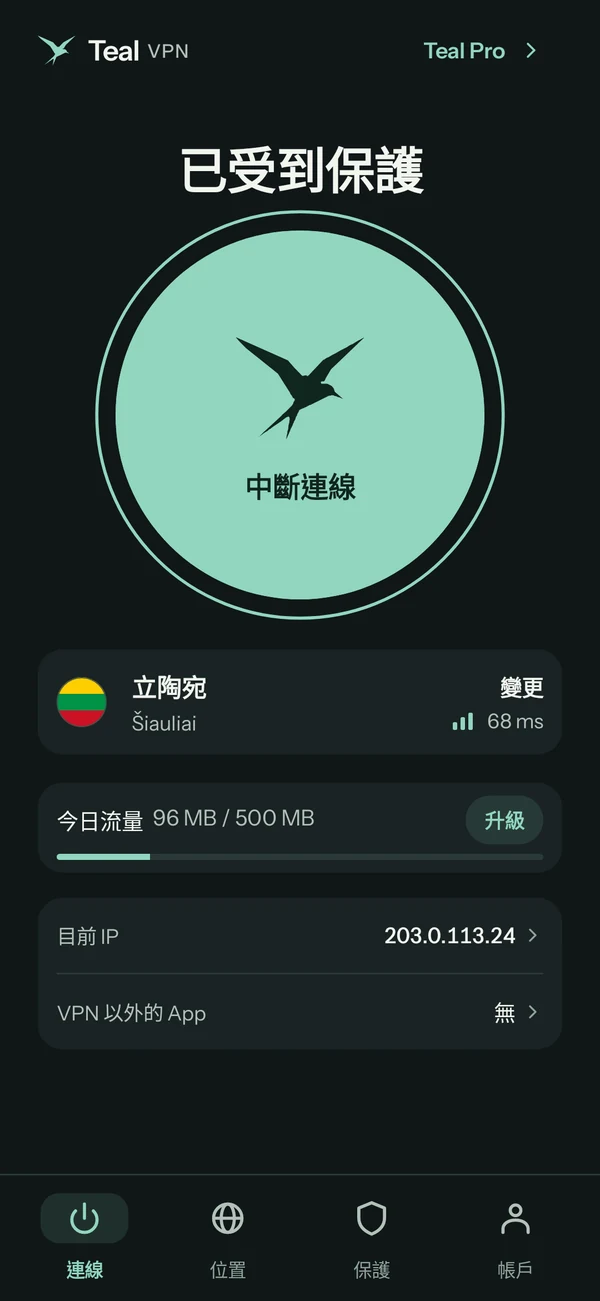 Android 版 Teal VPN 使用 Teal Free,已連線到立陶宛,今天已用 96 MB / 500 MB