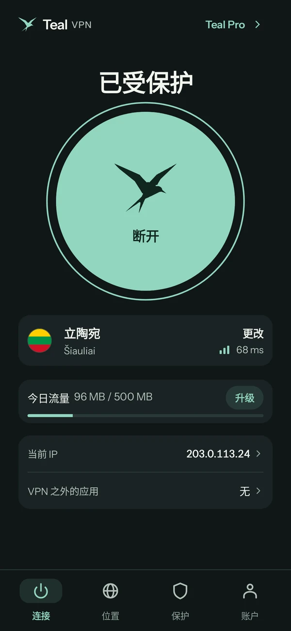 Android 版 Teal VPN 使用 Teal Free，已连接到立陶宛，今天 500 MB 中已用 96 MB
