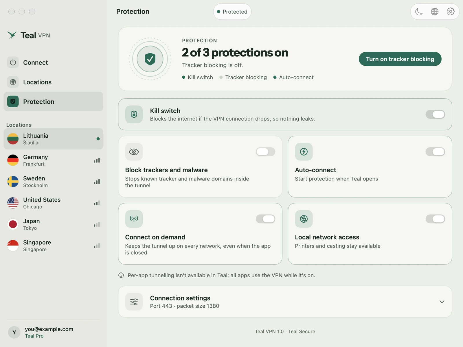Teal VPN for Mac Protection page with kill switch, tracker blocking, auto-connect and connect on demand