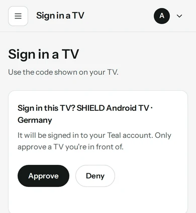 Phone screen: Sign in a TV. Sign in this TV? SHIELD Android TV, Germany. Approve and Deny buttons.