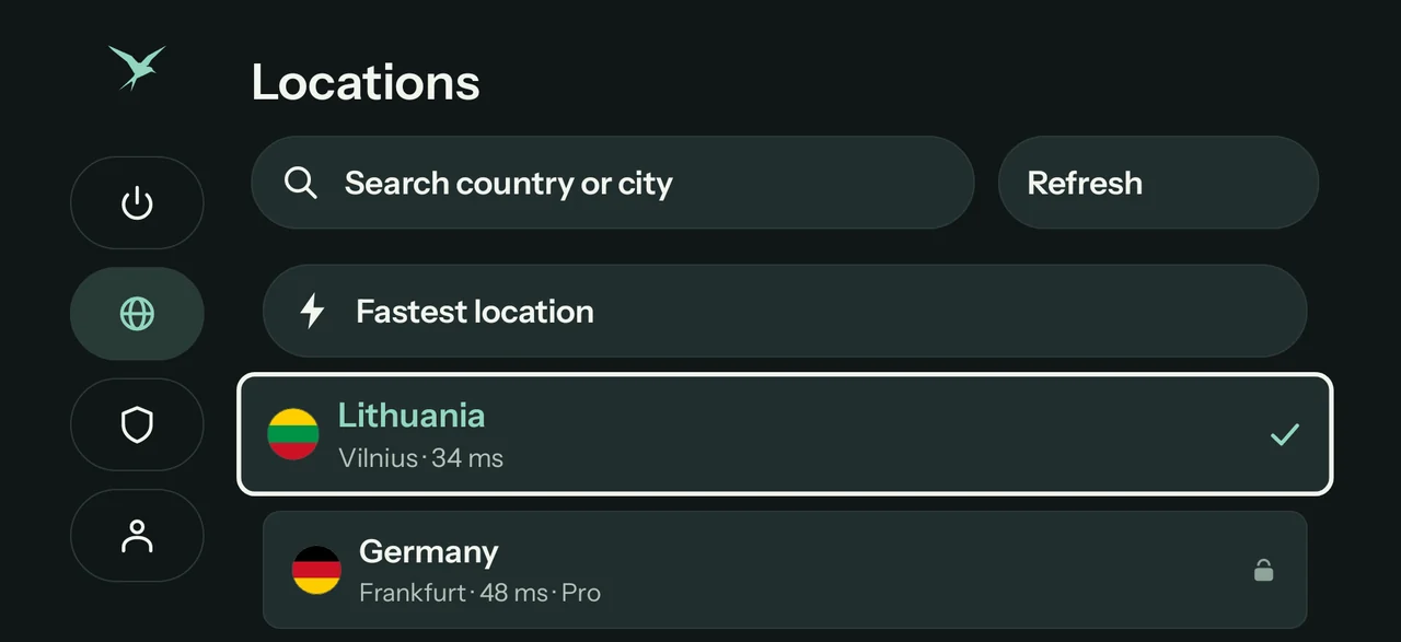 Teal on a TV: the Locations page with a search box, Fastest location, Lithuania (selected) and Germany (Pro).